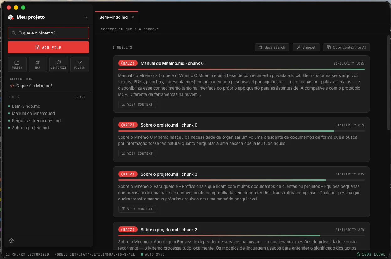 Resultados de busca semântica no Mnemo com percentual de similaridade e botão de copiar contexto para IA