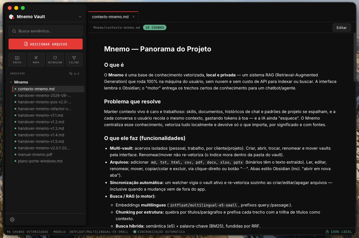 Interface principal do Mnemo lendo um documento Markdown com sidebar de arquivos